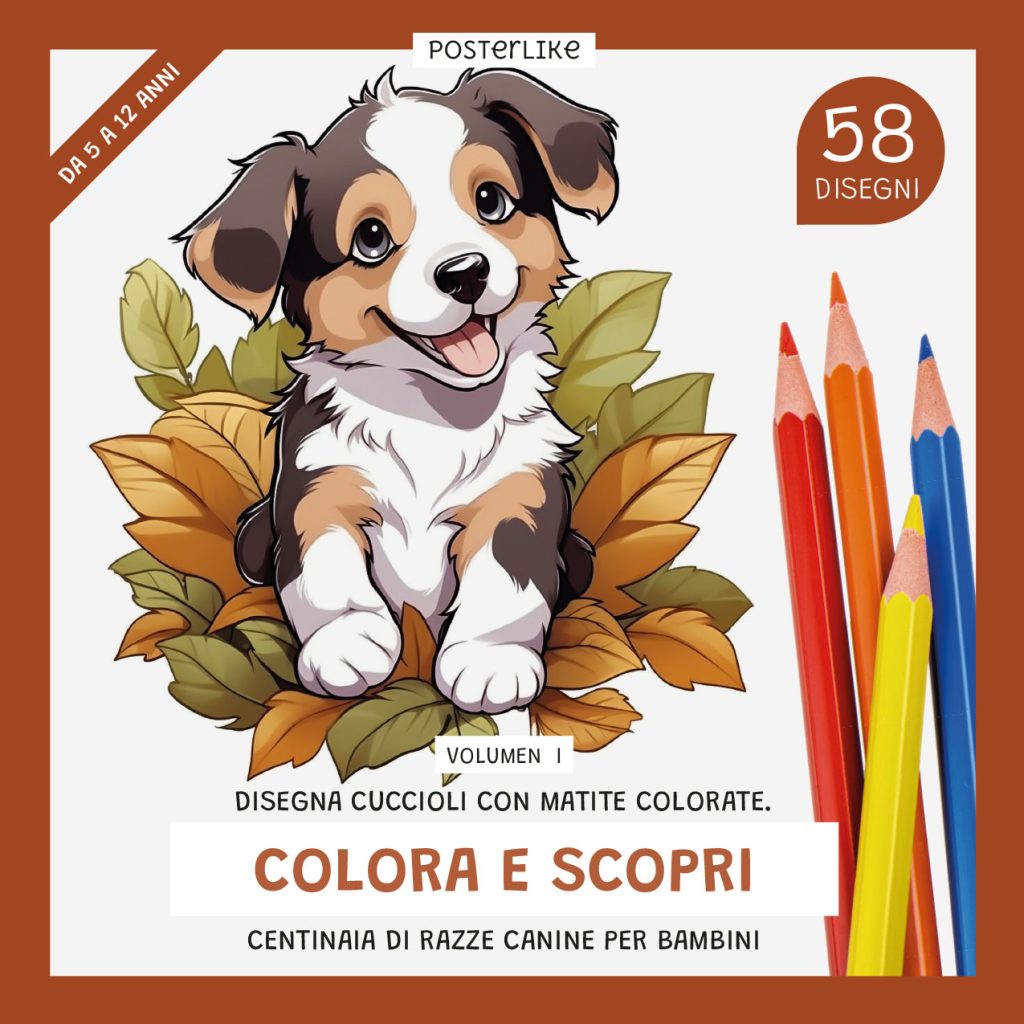 Disegna i cuccioli con la matita colorata. Colora e scopri centinaia di razze di cani per bambini