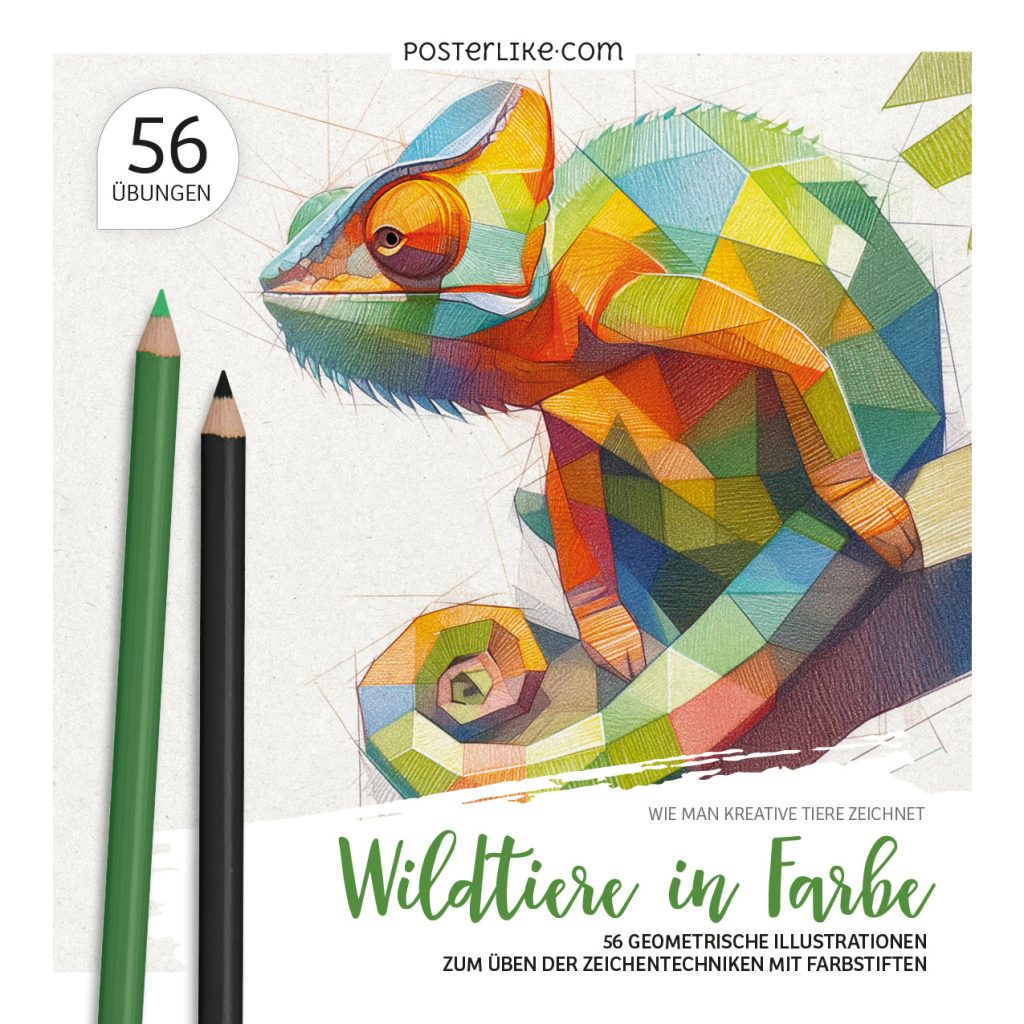 Cover des Buches ‚Wildtiere in Farbe‘ – Kreative geometrische Tierillustrationen zum Üben mit Farbstiften.