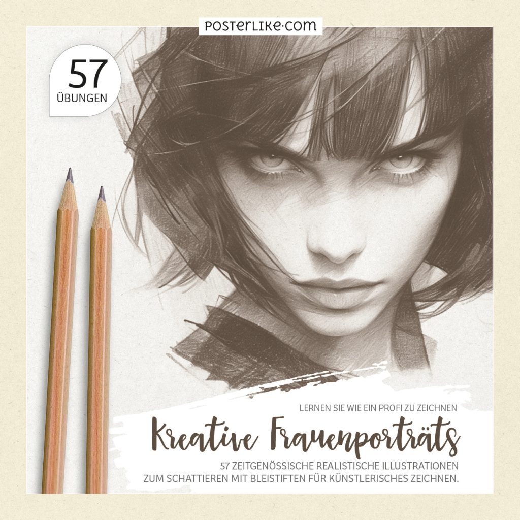 Cover des Buches ‚Kreative Frauenporträts‘ mit 57 Illustrationen zum Zeichnen und Schattieren von Gesichtern