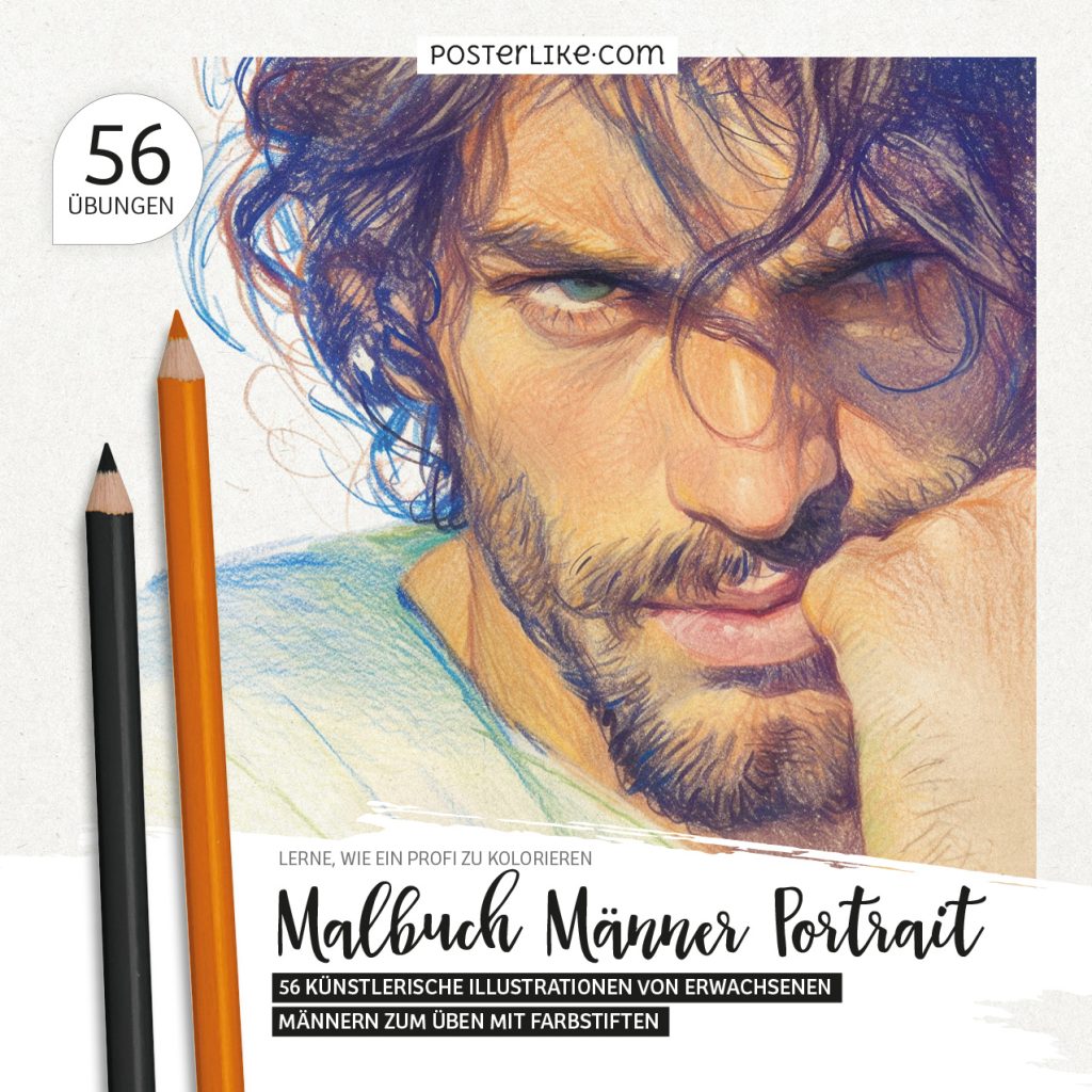 Cover des Buches ‚Malbuch Männer Portrait‘ mit 56 künstlerischen Illustrationen für Farbstiftübungen