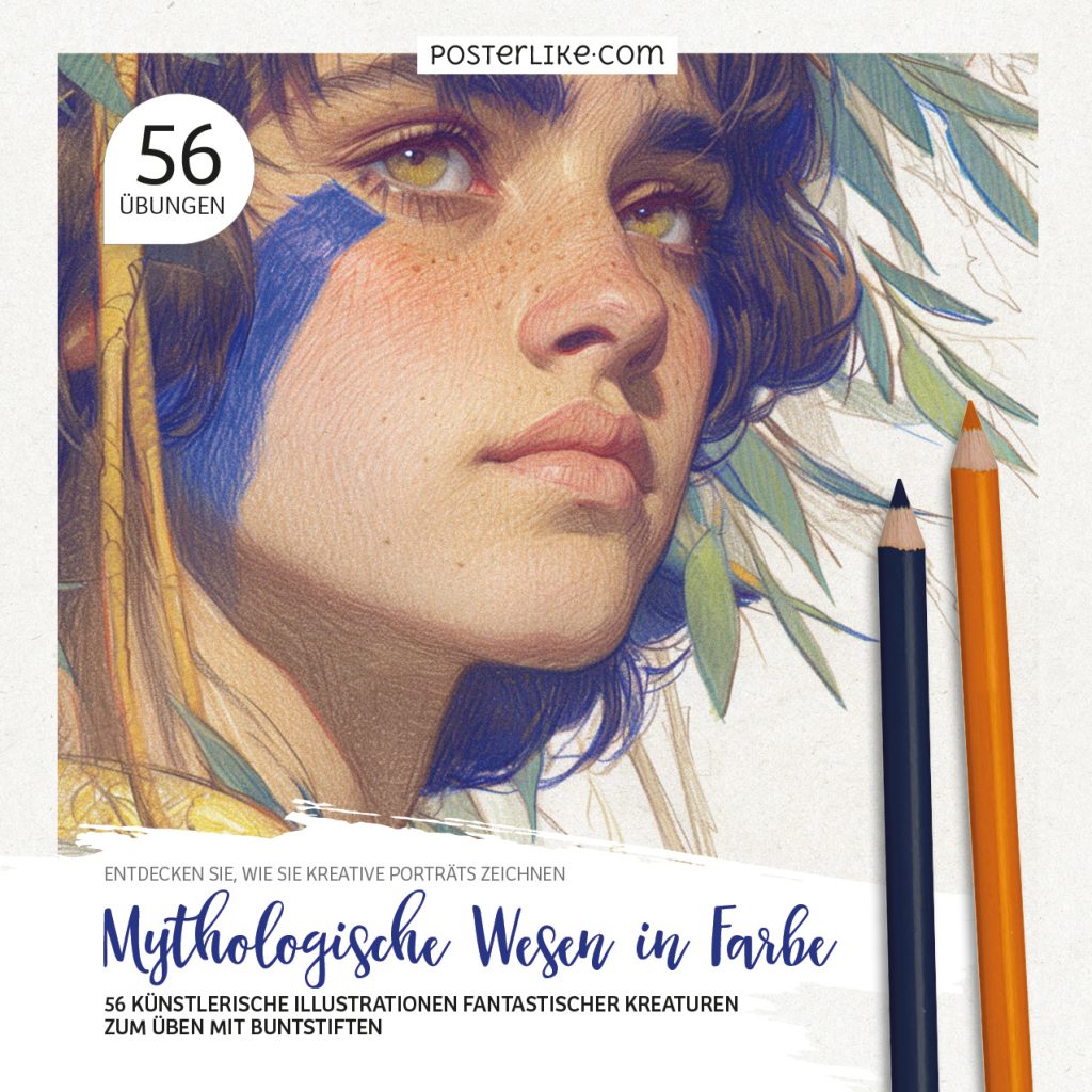 Cover des Buches ‚Mythologische Wesen in Farbe‘ – 56 Illustrationen fantastischer Kreaturen zum Üben mit Buntstiften.