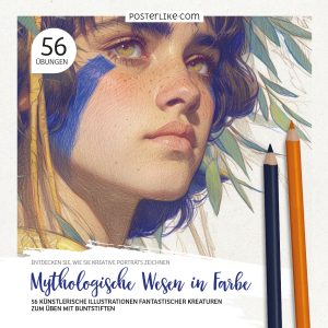 Cover des Buches ‚Mythologische Wesen in Farbe‘ – 56 Illustrationen fantastischer Kreaturen zum Üben mit Buntstiften.