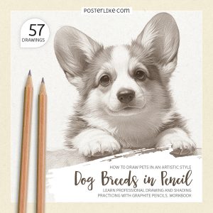 Cover of the book 'How to Draw Pets in an Artistic Style: Dog Breeds in Pencil' by Posterlike Editions.
