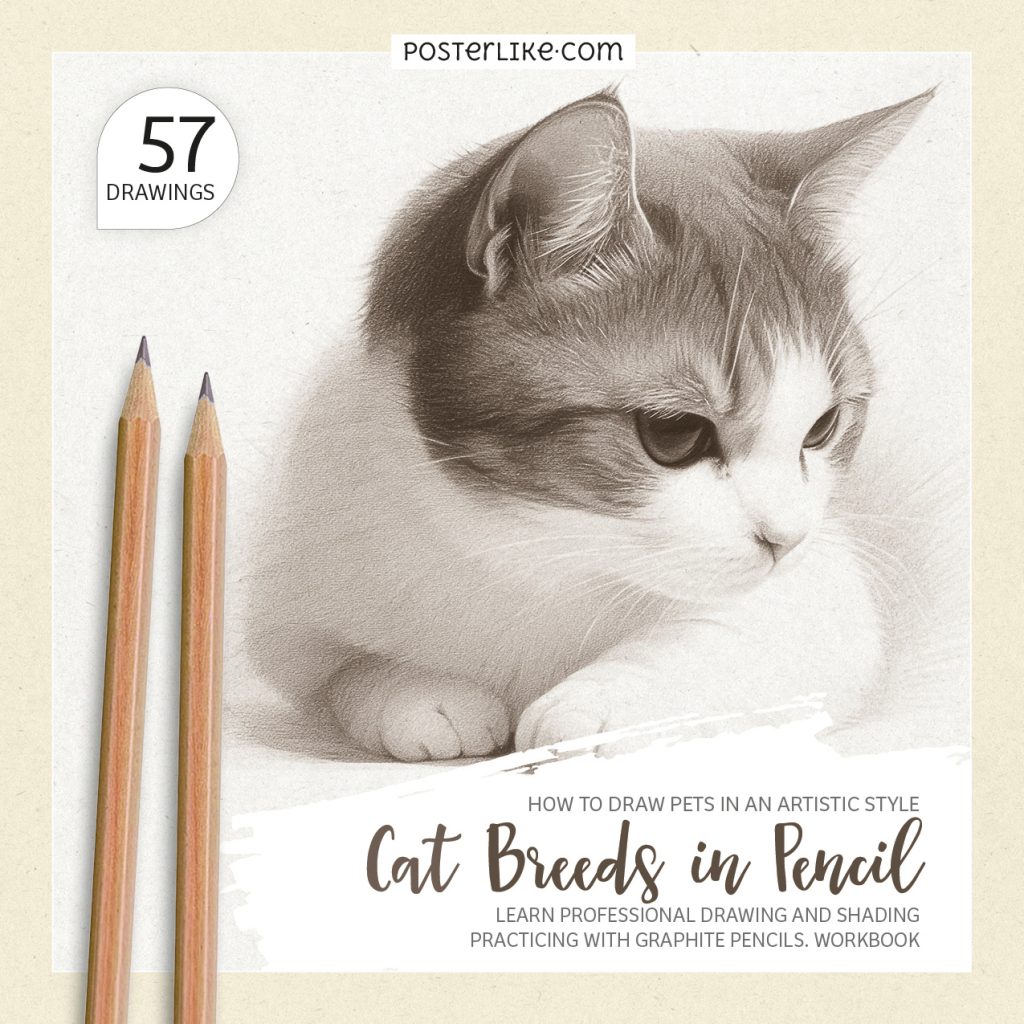 Cover of the book 'How to Draw Pets in an Artistic Style: Cat Breeds in Pencil' by Posterlike Editions.