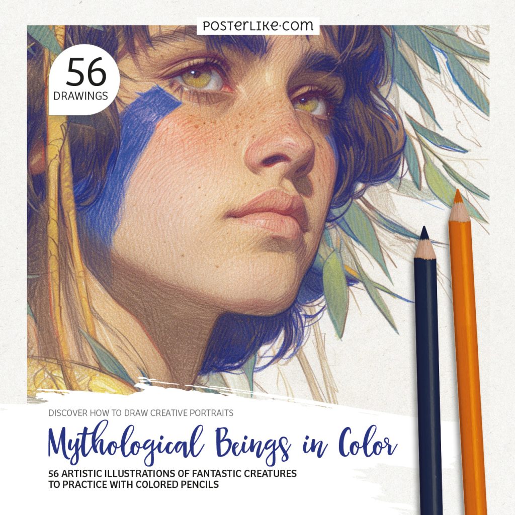 Cover of the book 'Discover How to Draw Creative Portraits: Mythological Beings in Color' by Posterlike Editions.