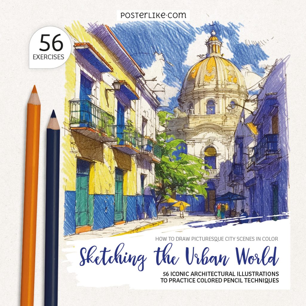 Cover of the book 'How to Draw Picturesque City Scenes in Color: Sketching the Urban World' by Posterlike Editions.