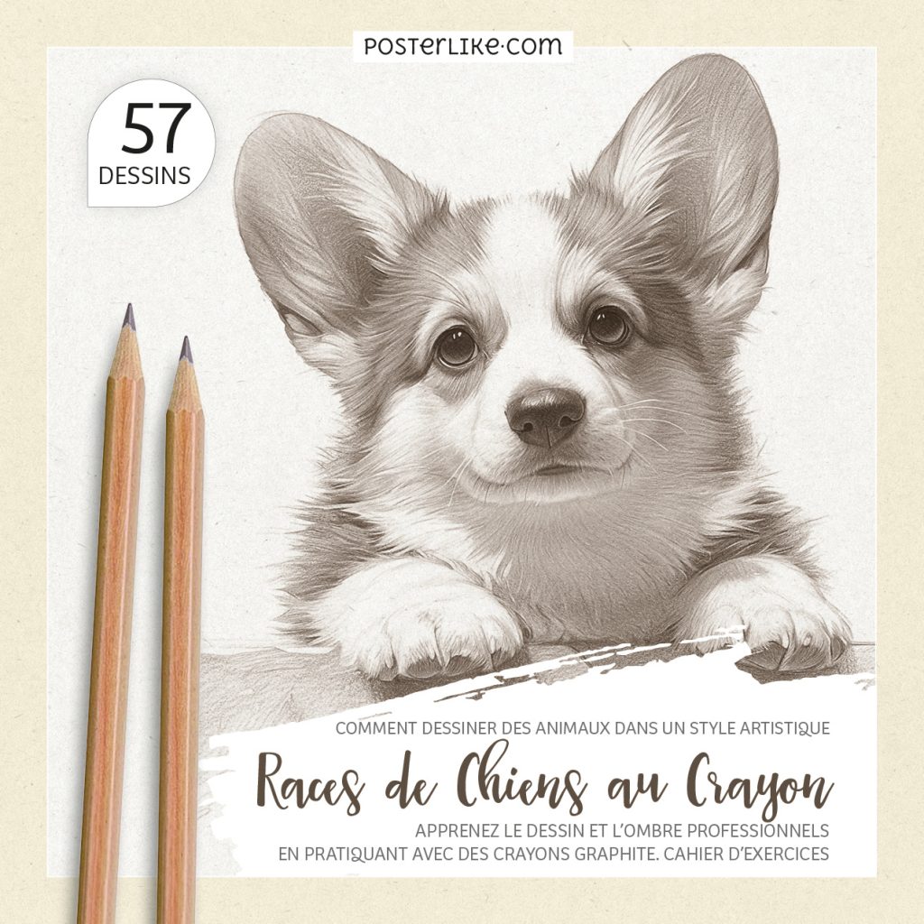Couverture du livre 'Comment Dessiner des Animaux dans un Style Artistique : Races de Chiens au Crayon' par Posterlike Editions.