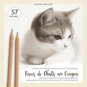 Couverture du livre 'Comment Dessiner des Animaux dans un Style Artistique : Races de Chats au Crayon' par Posterlike Editions.