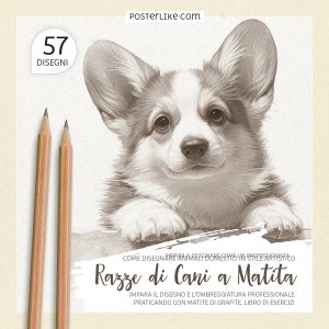 Copertina del libro 'Razze di Cani a Matita' – Disegni Realistici di Cani per Praticare il Disegno e l’Ombreggiatura con Posterlike Editions.