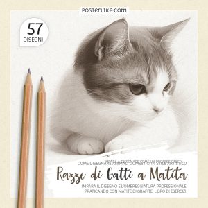 Copertina del libro 'Razze di Gatti a Matita' – Impara a Disegnare con Posterlike Editions.
