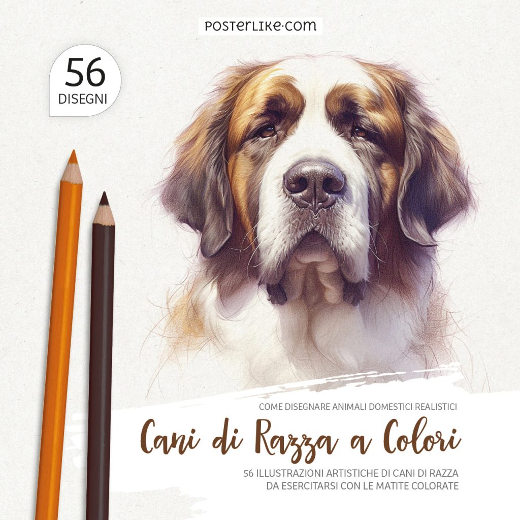 Copertina del libro 'Cani di Razza a Colori' – Disegni Realistici di Cani da Colorare con Posterlike Editions.