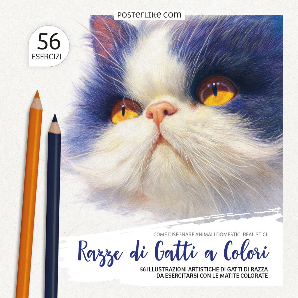Copertina del libro 'Razze di Gatti a Colori' – Disegni Realistici di Gatti da Colorare con Posterlike Editions.