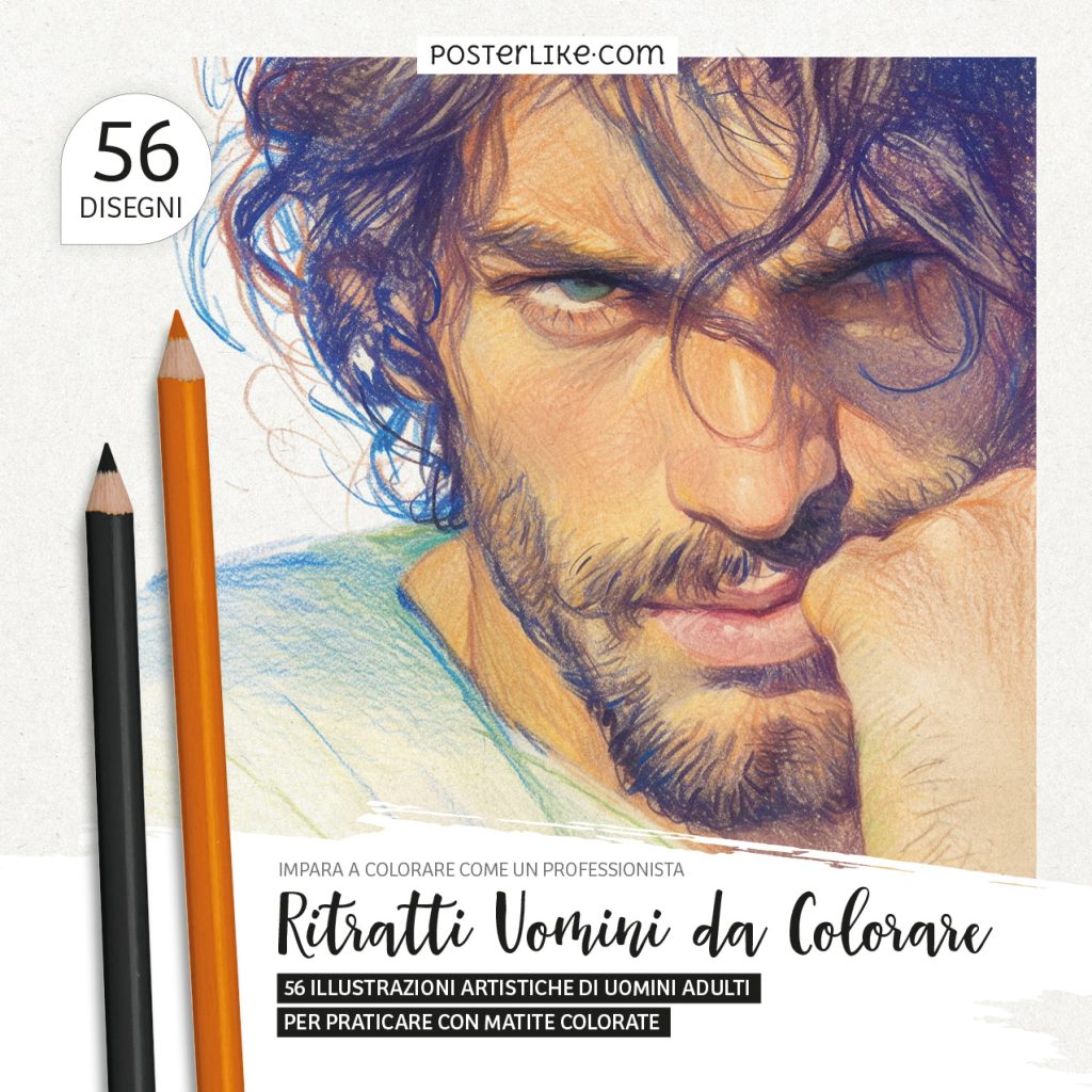 Copertina del libro 'Ritratti Uomini da Colorare' – 56 Illustrazioni artistiche di uomini per esercizi con matite colorate.