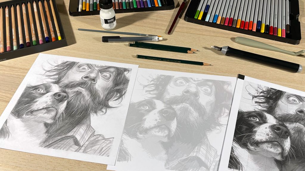 Retrato Selfie con mascota a grafito