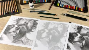 Retrato Selfie con mascota a grafito