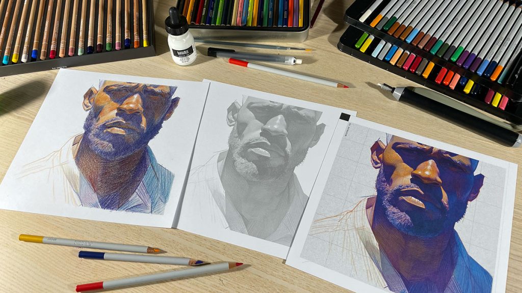 Retrato de hombre con lápices de colores a partir de modelo. Posterlike