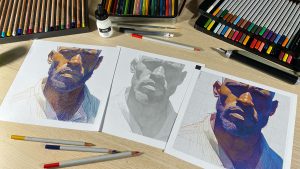 Retrato de hombre con lápices de colores a partir de modelo. Posterlike