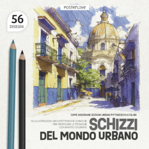 Copertina del libro 'Schizzi del Mondo Urbano' – Disegni Architettonici da Colorare con Matite Colorate.