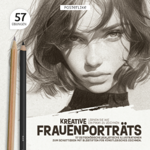 Cover des Buches ‚Kreative Frauenporträts‘ mit 57 Illustrationen zum Zeichnen und Schattieren von Gesichtern